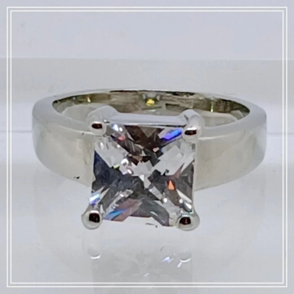 Vintage 90s Princess Cut Sim Diamond Solitaire Ring Silver Tone Wide Band Size 9